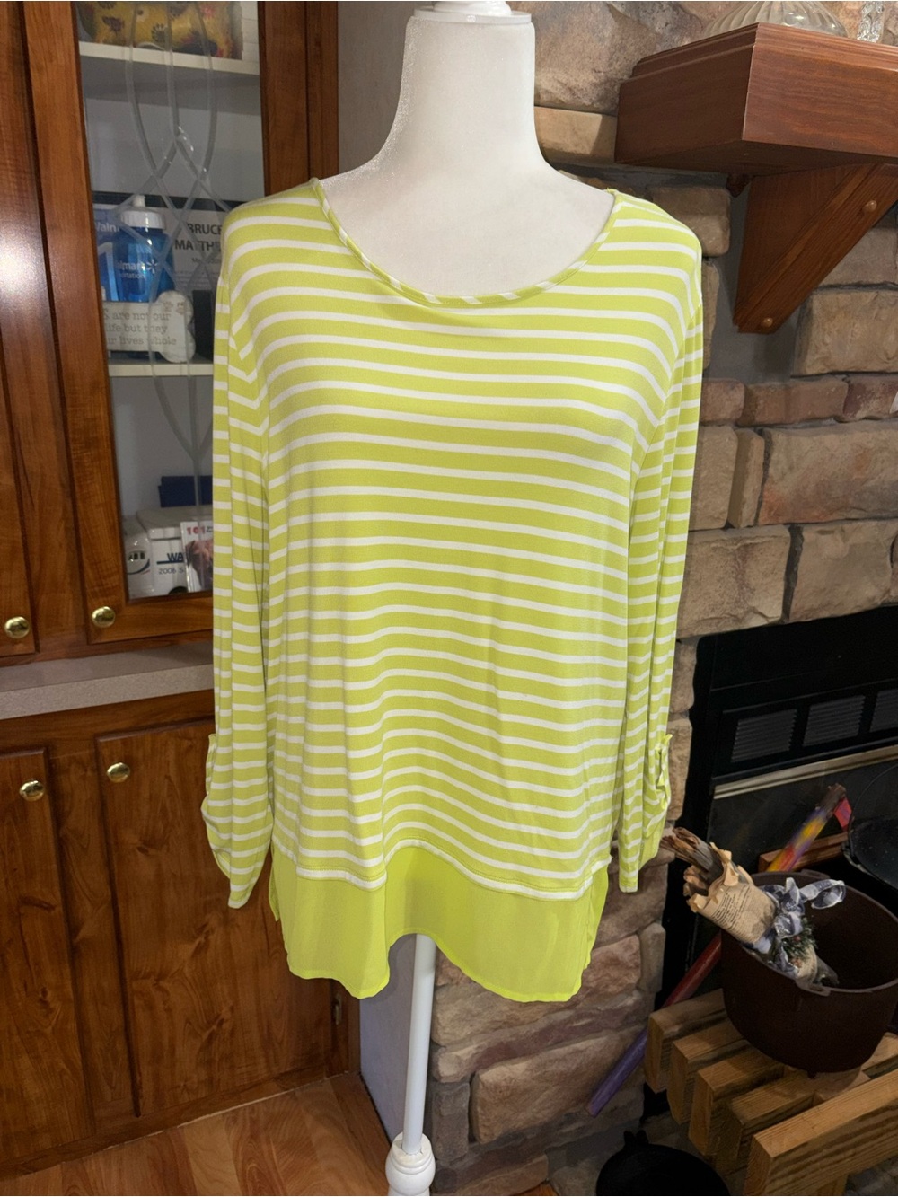 Chico's Lime Green and White Striped Long-Sleeve Top Size 2 Size Large EUC